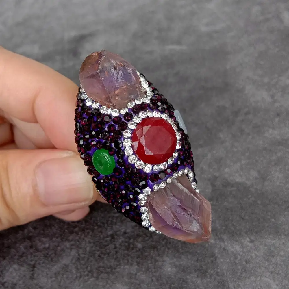 Y·YING Natural Amethyst Double Point Jade Crystal Pave Open Ring Jewelry Gift