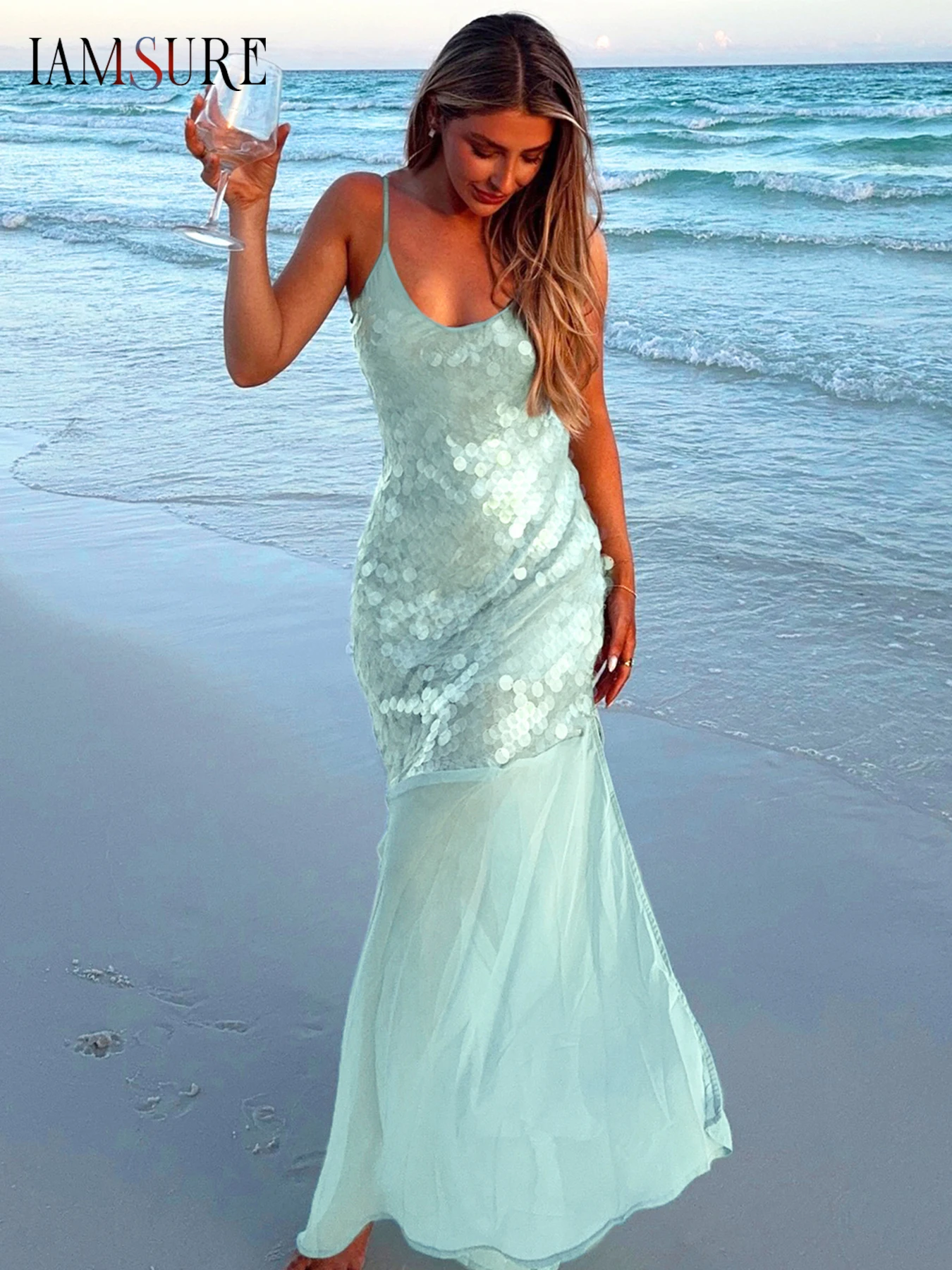 

IAMSURE Beach Style Patchwork Sequins Mesh Dress Holiday Slash Neck Sleeveless Maix Dresses For Wowen 2025 Summer Fashion Lady