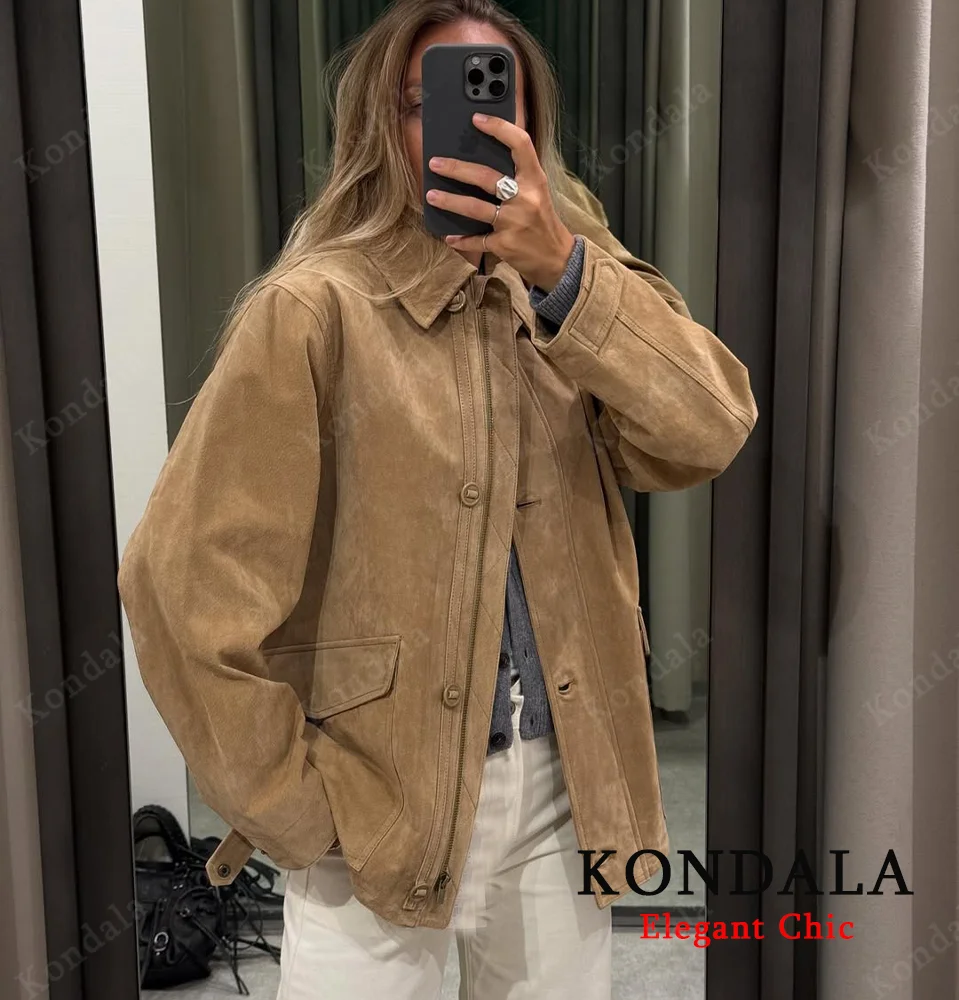 

KONDALA Fall Women Casual Suede Jacket Coat Lapel Buttons Loose Jacket 2025 Autumn Fashion High Street Elegant Female Jacket