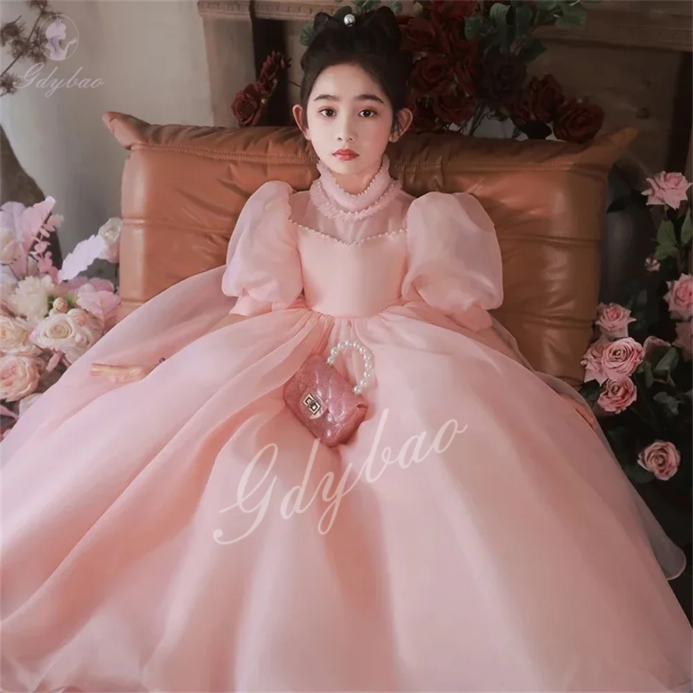 

Вечернее платье с высоким воротником для девочек, сценический костюм принцессы с пышными рукавами, детский наряд для дня рождения, детский наряд для мероприятий знаменитостей