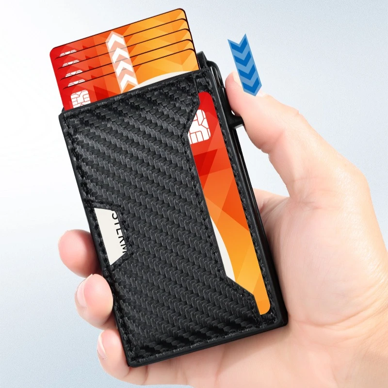 Side Push Multi Card Slots Men Wallets Carbon Fiber Flip Cover Card Holder RFID Blocking Aluminum Alloy Card Wallet
