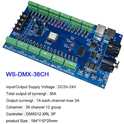 Decodificador DMX512 de 5V, 12V, 24V, 36V, 18CH/24CH/27CH/36CH/40CH, controlador LED RGB DMX RGBW para tira LED, lámpara, Módulo