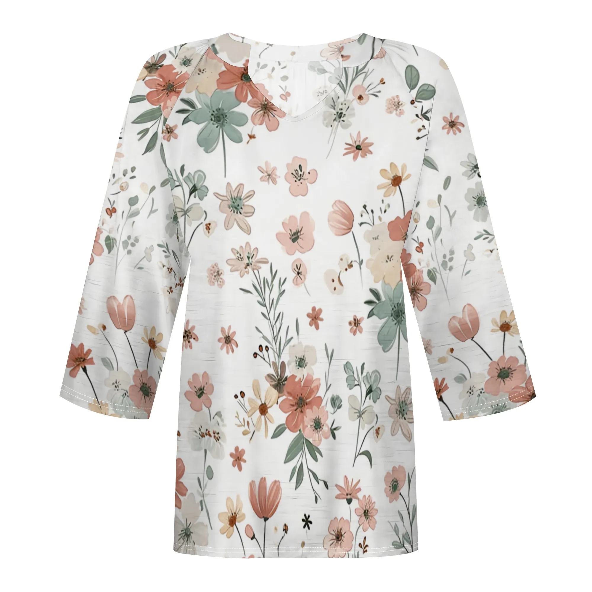 3/4 Length Sleeve Womens Little Dainty Flower Graphics Tops Summer V-Neck Blouses Tunic T-Shirts Dressy Casual