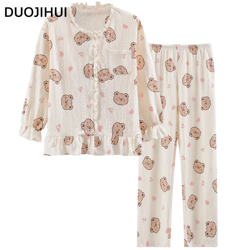 DUOJIHUI-Pyjama à Manches sulfet Col Rond pour Femme, Ensemble Chic, Imprimé Doux, Cardigan, Pantalon Simple, à la Mode, Nouvelle Collection Automne