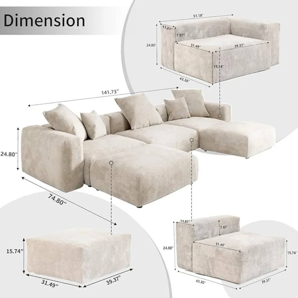 Modular U Shaped 5 Seater Sectional Sofa Couch with 2 Ottomans,4 Pillows,Cushion Covers Removable& Replaceable,Living Room Sofas