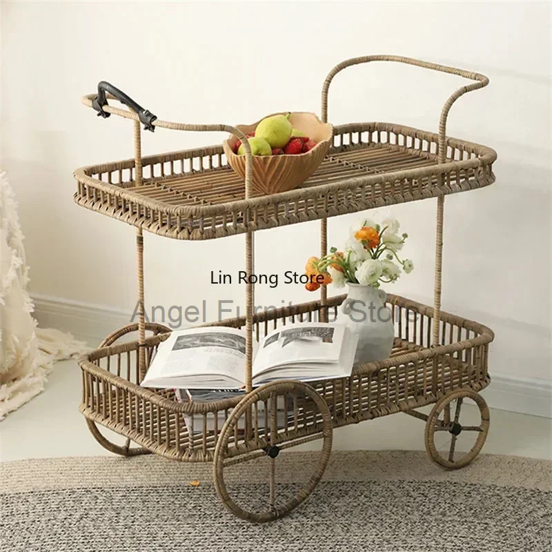 

Japanese Style Sofa Side Table Modern Rattan Living Room Balcony Creative Four-Wheel Tea Table Furniture Vintage Storage Rack