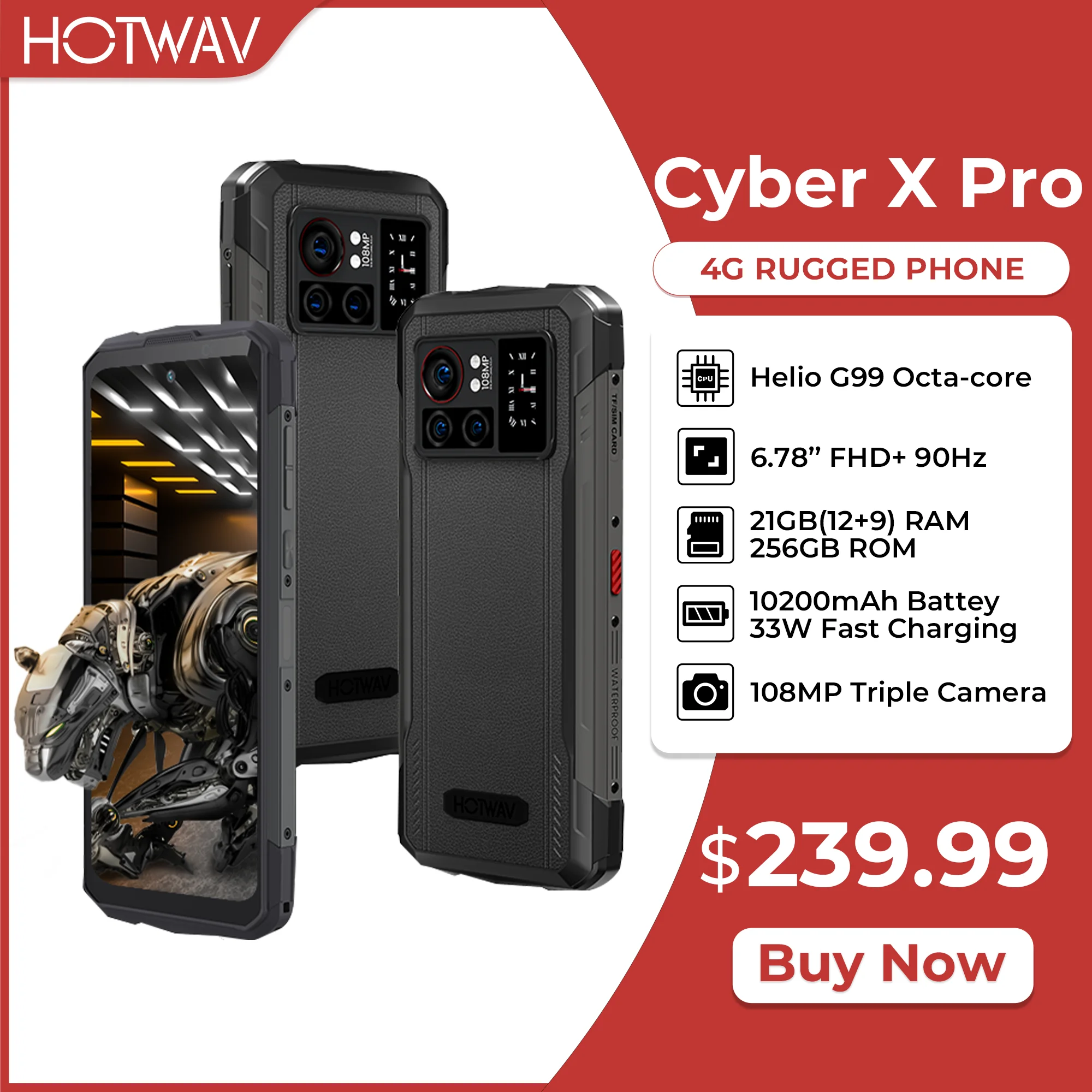 HOTWAV-Cyber X Pro Bateria de Carregamento Rápido Robusto, 12GB + 256GB, 6,78 ''FHD + 90Hz, Android 13, 108MP, 10200mAh Bateria, 33W, G99, [Estreia mundial]