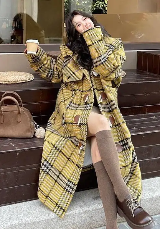 

Wool Blend Coats Womens Woolen Coat Thickened Plaid Winter Brocade Buttoned Collar Baroque Style Business Conference Gentle Chic