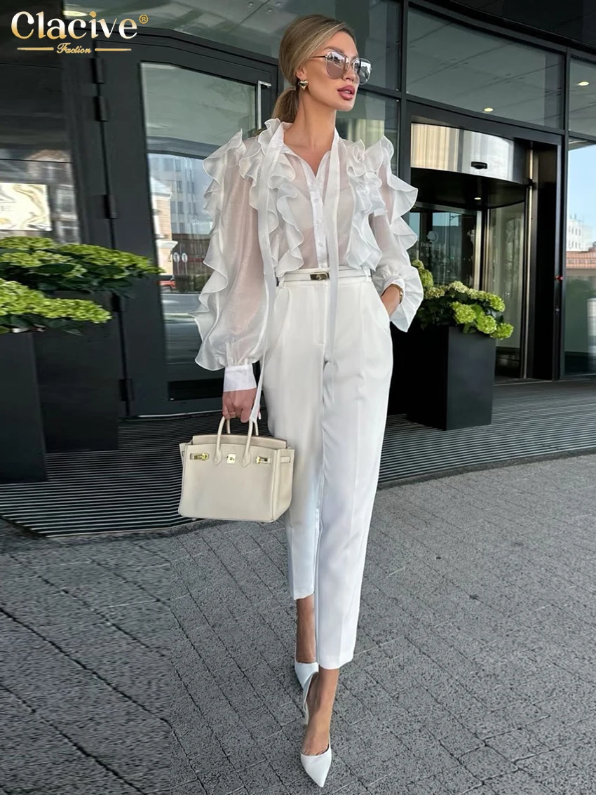 Clacive Sexy Loose White Women's Shirt 2025 Fashion Ruffle Collar Long Sleeve Shirts Elegant See Through Top Female Clothing