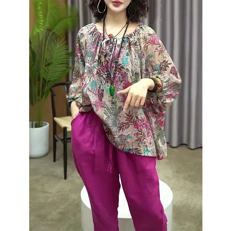 2024 Spring/summer Mother New Ethnic Style Cotton Linen Set Retro Printed Top Versatile Harun Pants Stylish T-shirt Small Shirt