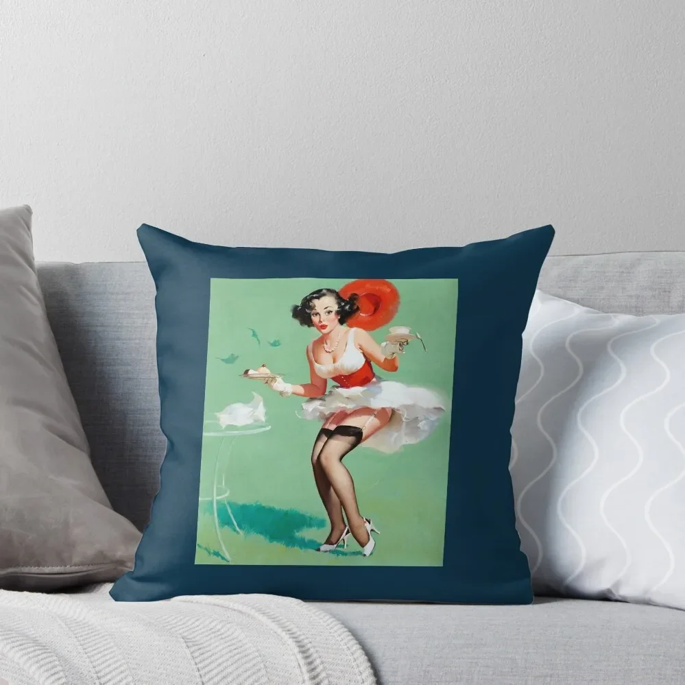 1950s Vintage Pin-up Girl Dessert Cake Food Foodie Pie Tight Red Dress Garter Belt Illustration Art Throw Pillow