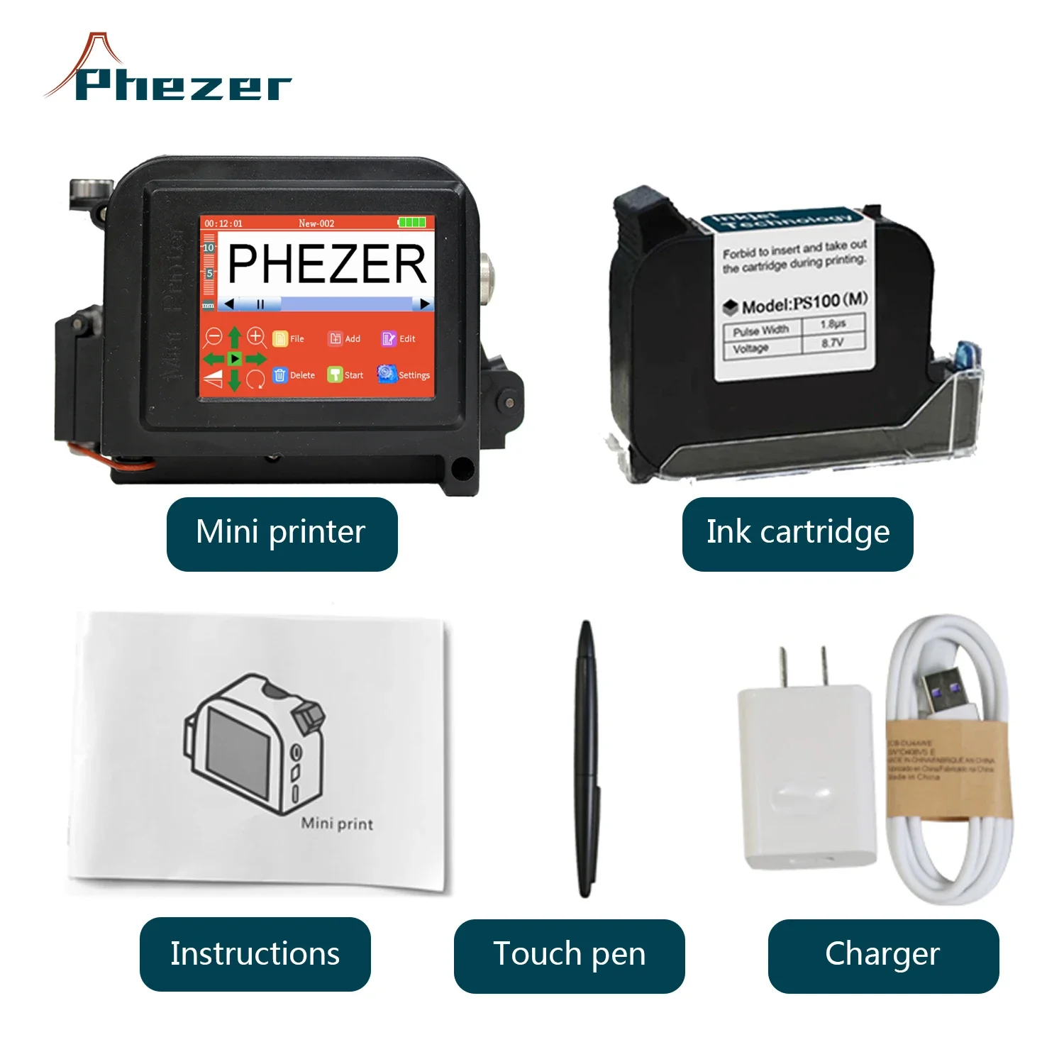 Phezer-Mini impresora portátil PC11Plus, 30 idiomas, 12,7/25,4mm, QR, código de barras, fecha, logotipo, fecha de caducidad, impresora de inyección