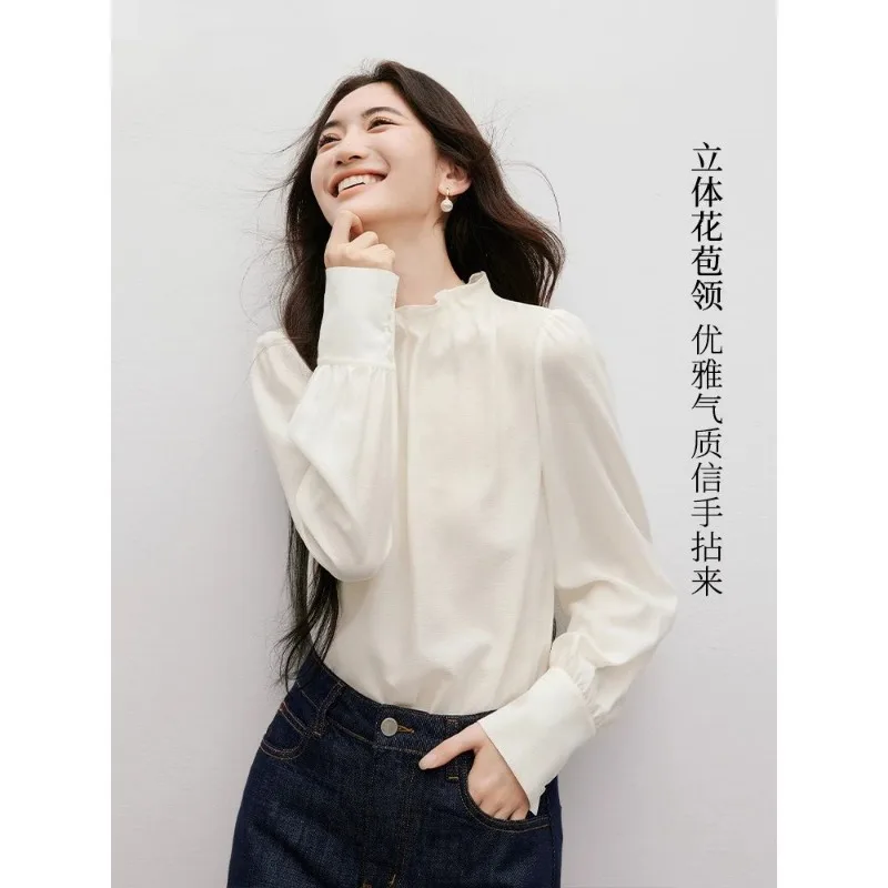 

Весенне-осенняя шифоновая рубашка в стиле ретро, женская однотонная темпераментная трехмерная рубашка с цветочным воротником, модный повседневный топ