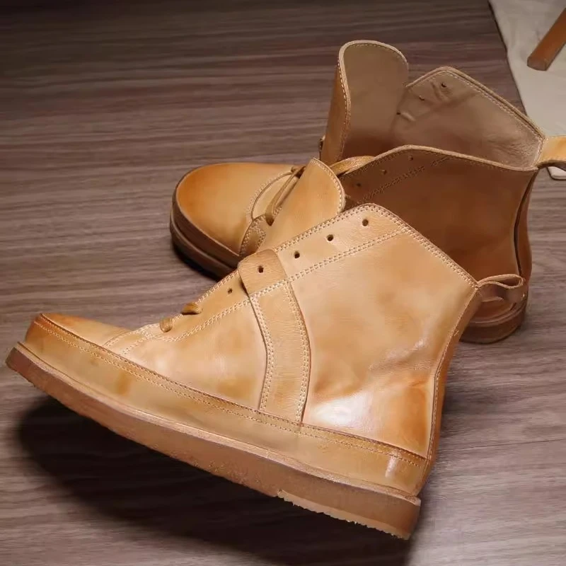 Handmade Washed Cow Leather High-Top Ankle Boots Men Lace-Up Retro Punk Streetwear Fall Casual Everyday Footwear