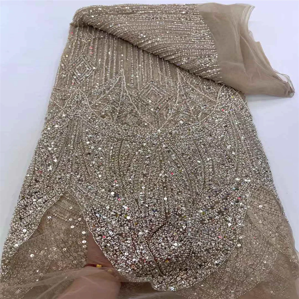 Африканская французская кружевная ткань с бисером, 2025 г., высококачественное кружево с вышивкой, нигерийское тюлевое кружево с блестками, 5 ярдов для шитья праздничного платья