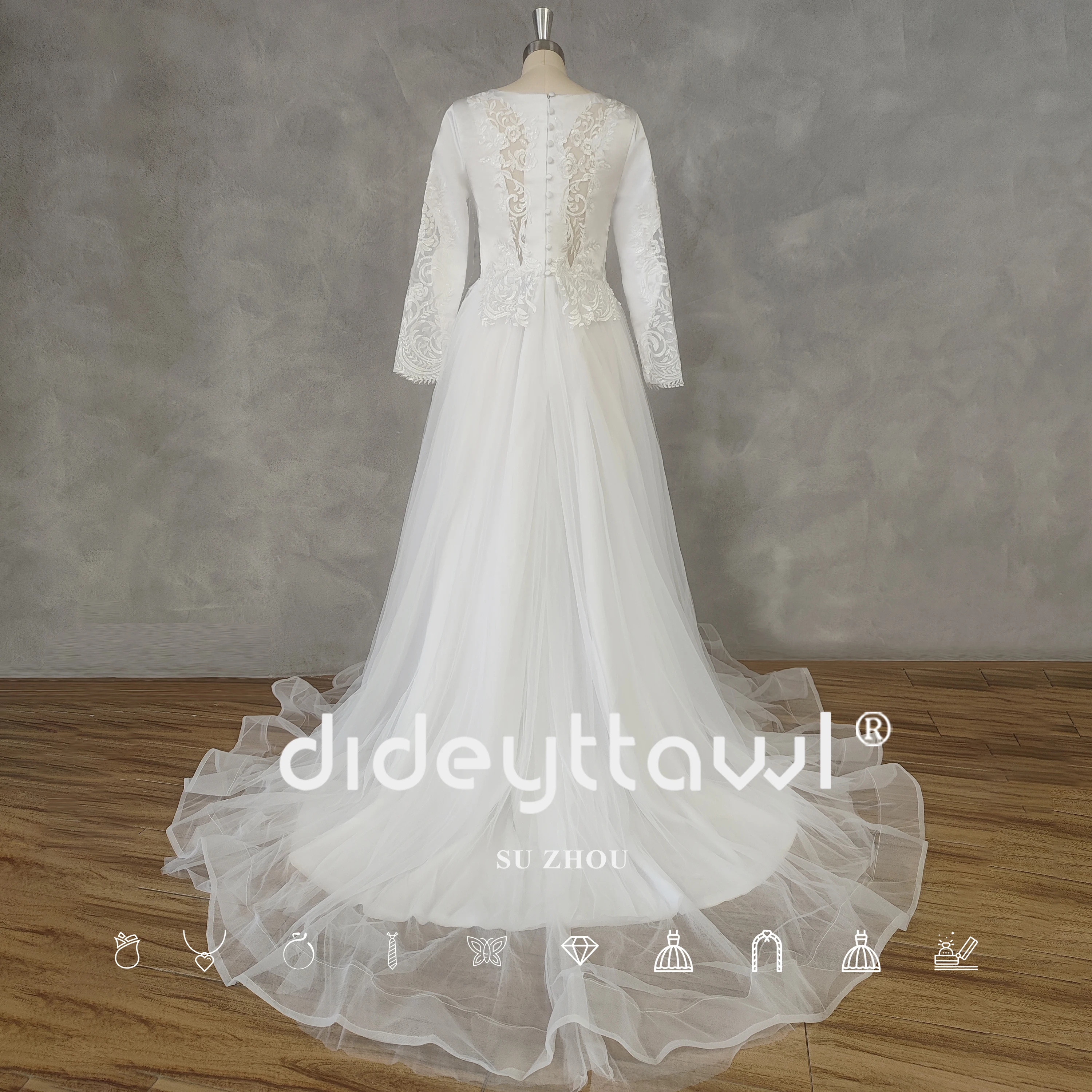 DIDEYTTAWL Real Picture O-Neck Appliques Long Sleeves Satin Tulle  A-Line Wedding Dress Button Back Court Train Bridal Gown