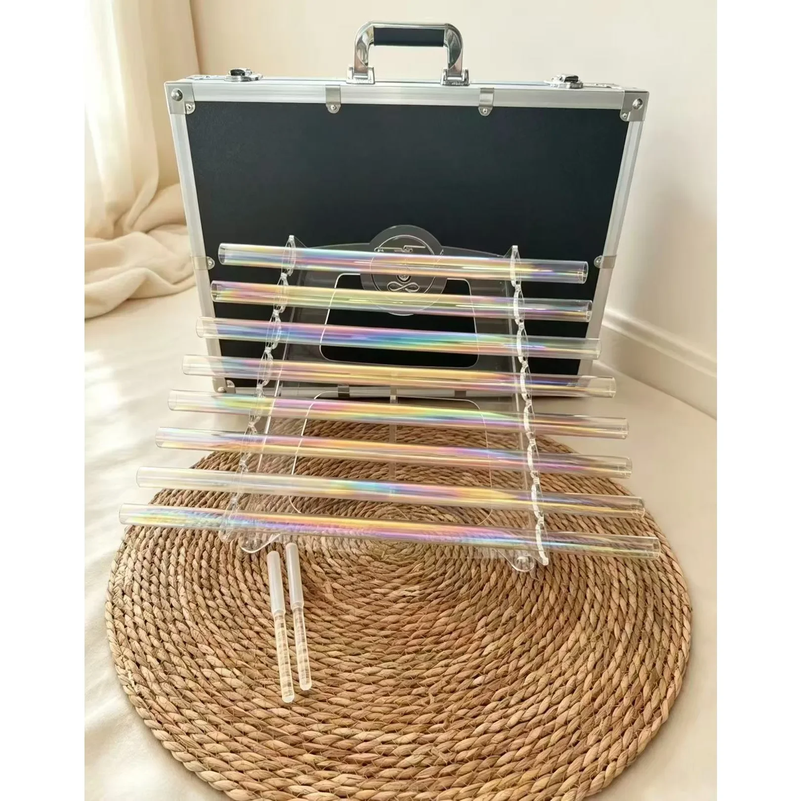 STAR LINKUP 432Hz Colored Crystal Singing Harp with Stand for Sound Healing Universe Energy Chakra Meditation. Multi-color quartz harp with eight notes and stand, bright resonant tone for yoga studio, sound bath and relaxation.