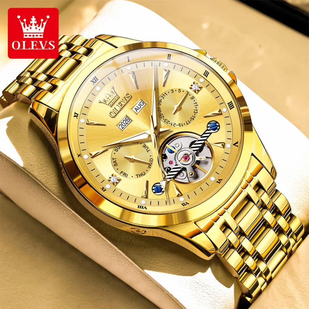 

OLEVS Gold Men's Watches Skeleton Date Waterproof Multi-functional Automatic Mechanical Watch for Man Luminous Brand Wristwatch