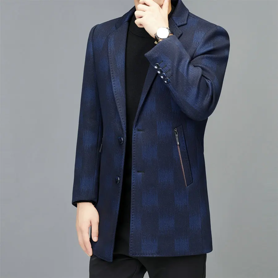 

Men Elegant Cashmere Wool Overcoat Blue Printing Notched Collar Sheep Wool Coat Male Winter Autumn Outfits Clothings 2022