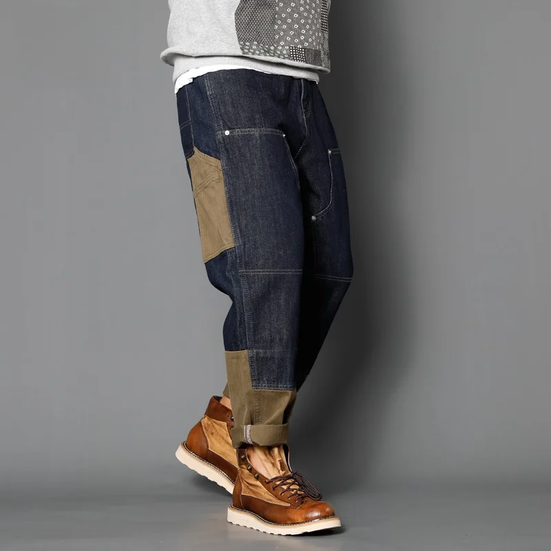 High-End American Style Straight Leg Jeans for Men Loose Fit Trendy Autumn Winter Multi-Pocket Patchwork Casual Jeans