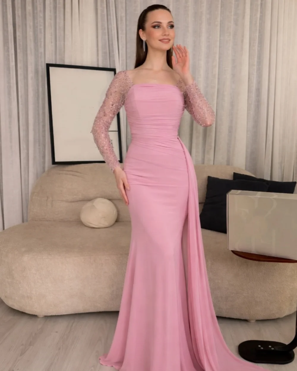 

Customized Elegant Women Chiffon Rhinestone Sequined Mermaid Evening Dress Sexy Square Neck Long Sleeves Floor Lenght Party Gown