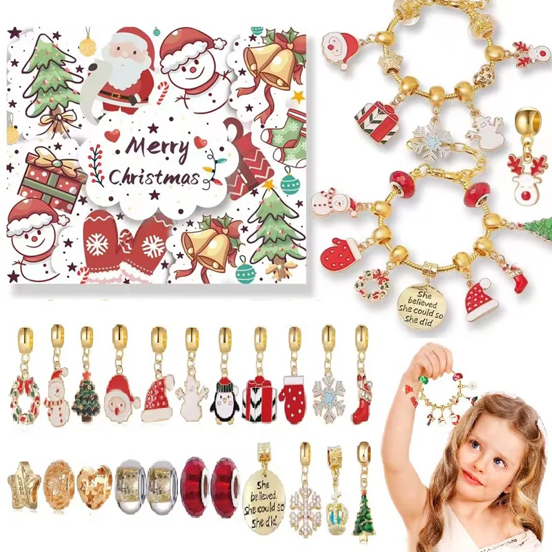 24Pcs Christmas Advent Calendar Jewelry Kits Girls Christmas Gifts Fashion Jewelry DIY Bracelet Necklace New Years Countdown Set