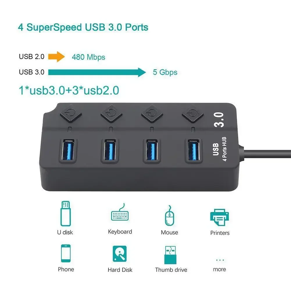 

High Speed 4 Port USB3.0 HUB Adapter Expander Multi-port USB Splitter Multiple Extender With Independent Switch For PC Laptop