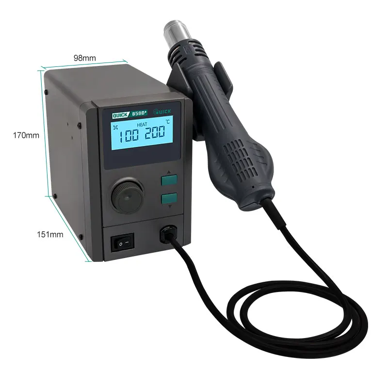 

QUICK 858D+ Hot Air Soldering Machine Rework Station Hot Air Gun Low Noise LCD Smart Lead-Free Hot Air Desoldering Station