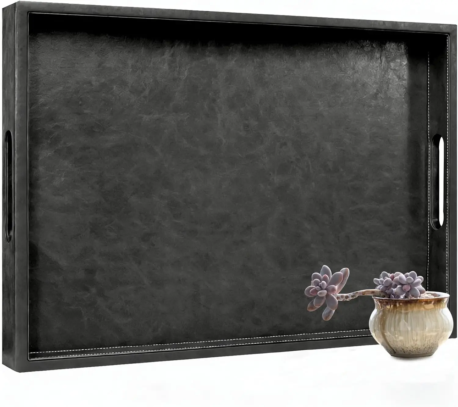

30 x 24 inches Rectangle Leather Ottoman Serving Tray with Hole Handles, Extra Large Modern Service Tray for Living Room, Coffee