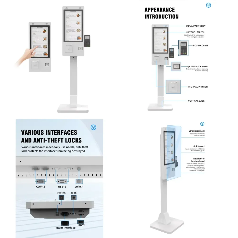 

27 Inch Self Service Restaurant Digital Signage LCD Display Capacitive Touch Screen QR/Barcode Scanner Free Payment Kiosk
