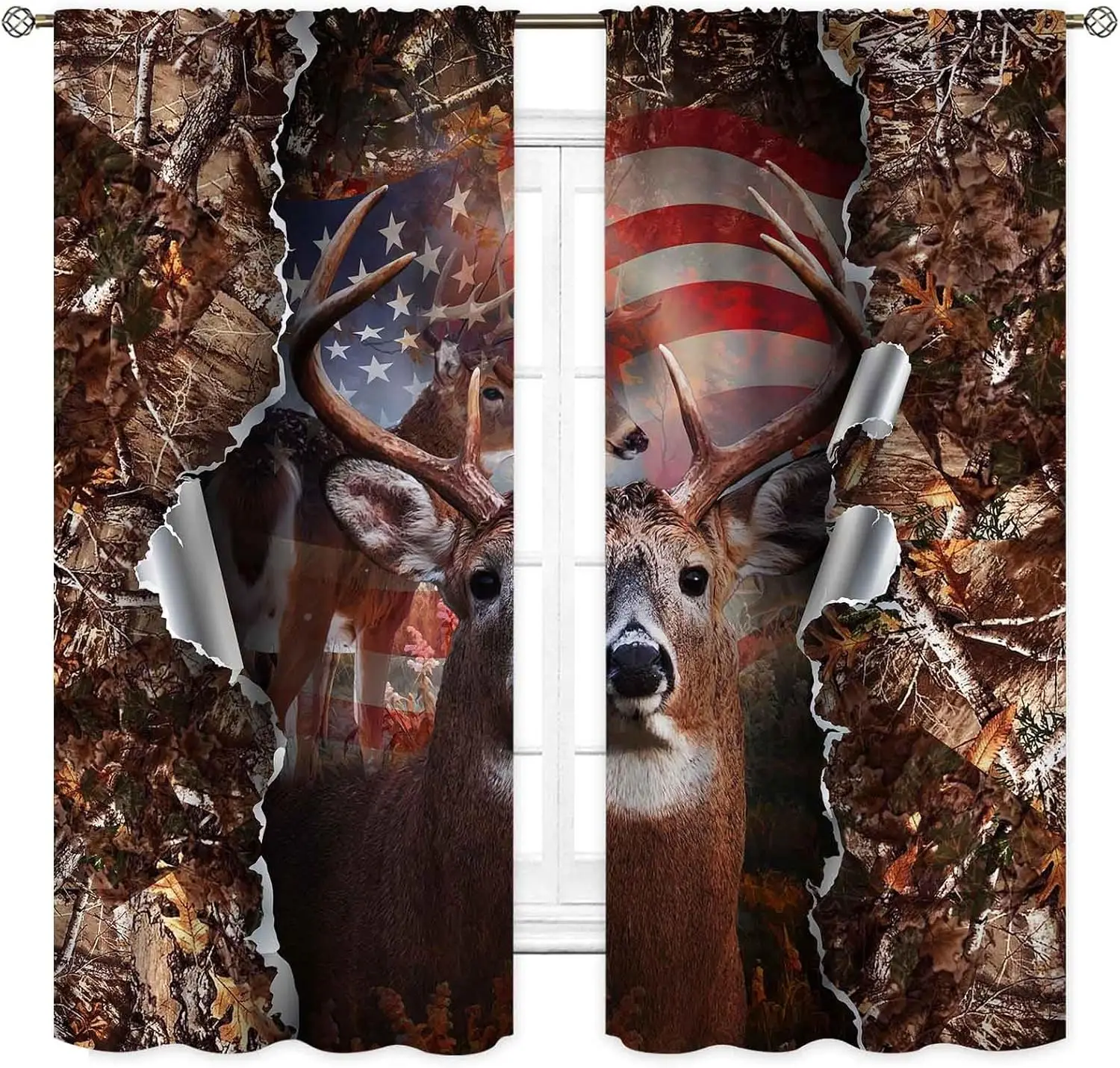 Rustic Deer Curtains, Camo Forest Hunting Deer Elk Moose USA American Flag Camouflage Woodland Farmhouse Rural Country