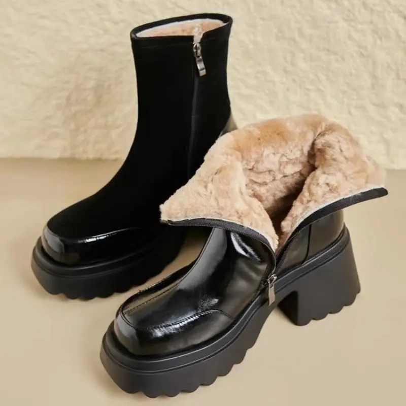 

NEW Split Leather High Heels Winter Warm Wool Boots Women Boots Round Toe simple Chunky Heel Platform Boots for Women Fashion