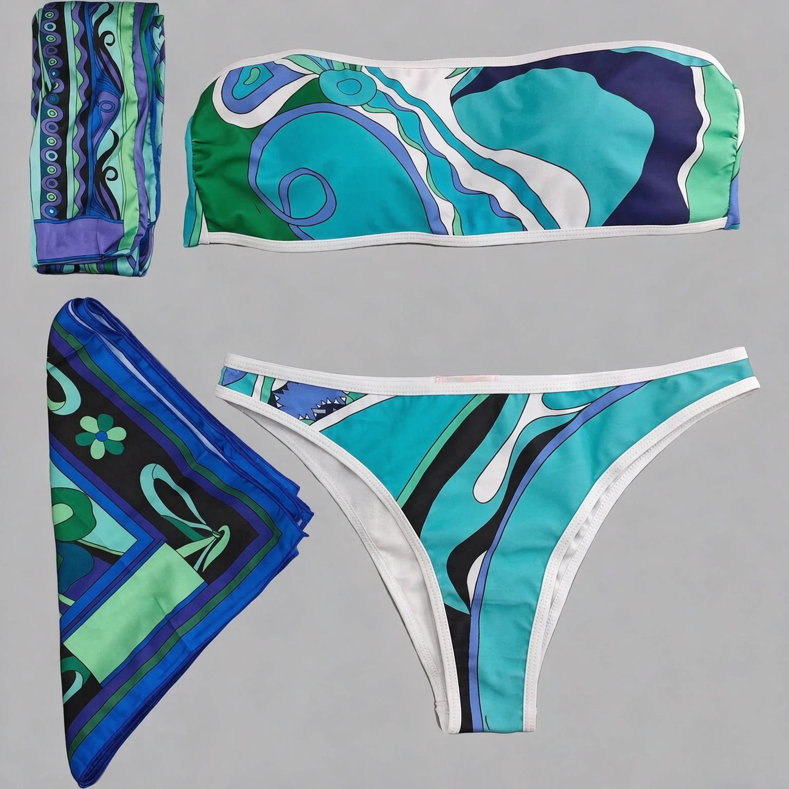 2026 NEW Women's Green Scarf Strapless Bikini Sets with Letter Signature Logo Sexy Headband Swimsuits Beachwear