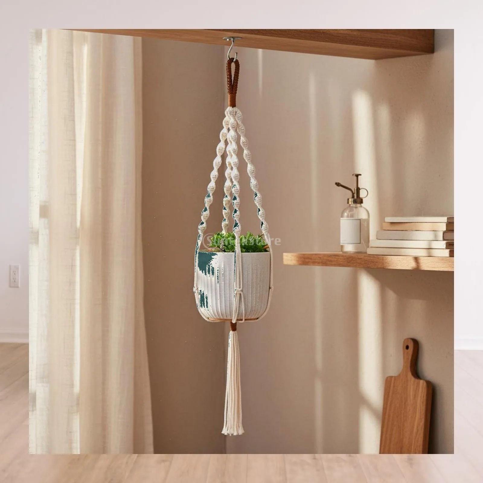 Natural Cotton Rope Hanging Basket for Plants with Wood Bead Trim for Living Room Wall Decor