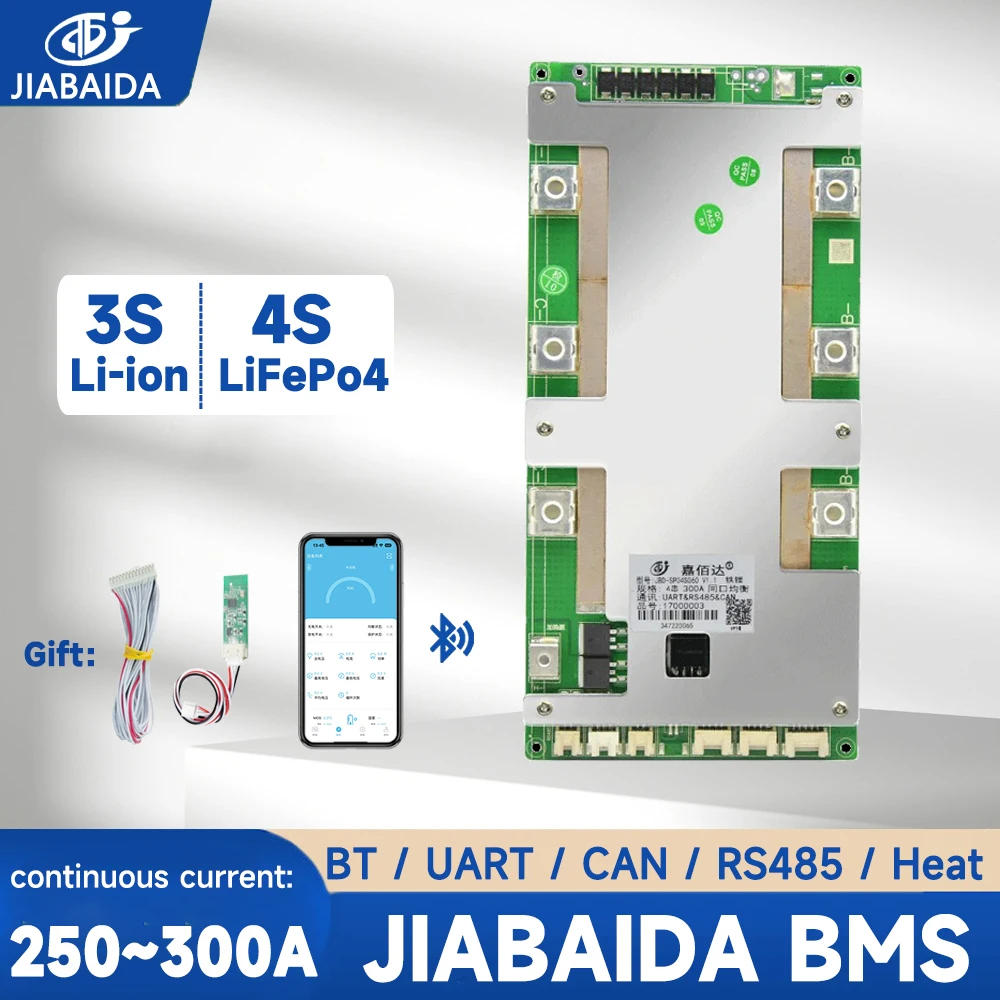 

JIABAIDA Smart JBD BMS 4S 250A 300A High Current Charge Protect LiFePo4 Li-ion Battery with BT RS485 CAN Heating Series Connect