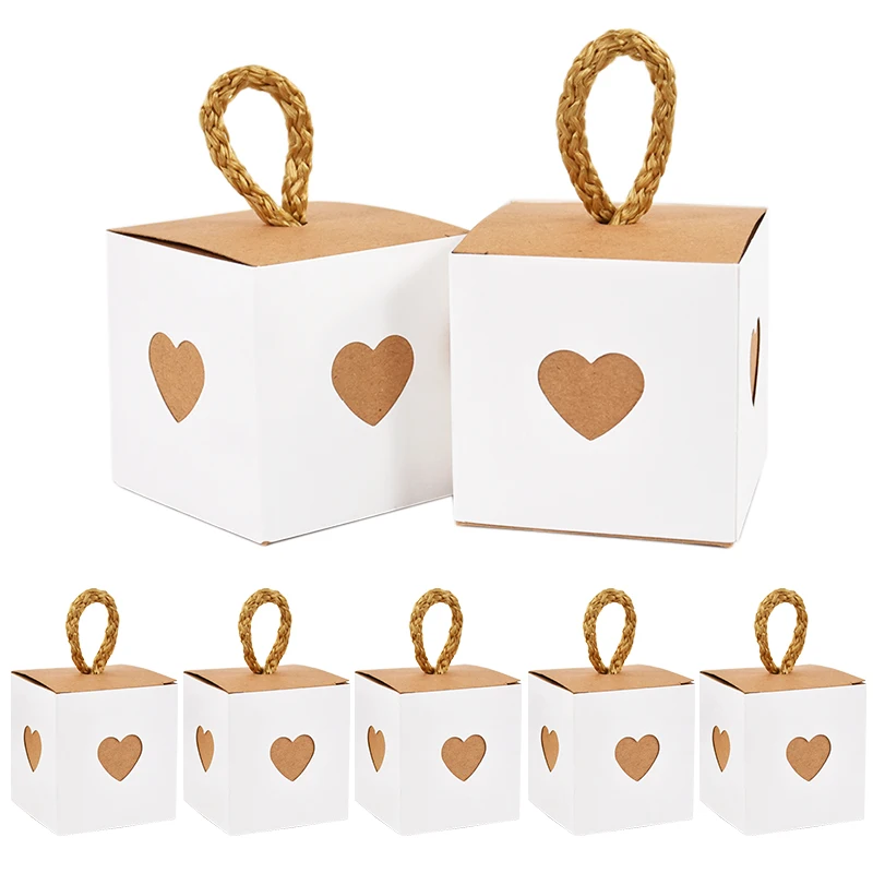 10-30pcs 2x2x2 inch White & Brown Heart Gift Boxes for Wedding Birthday Party Favors Kraft Paper Candy Boxes with Twine Handles