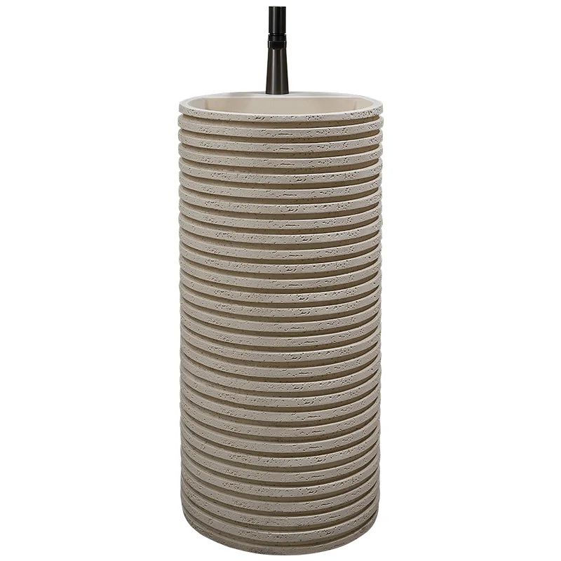 

Wabi Sand Travertine Personalized Wash Basin Designer Integrated Floor-to-ceiling Wash Table Creative Art Outdoor Pillar Basin