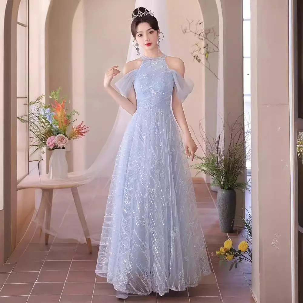 

Blue Halter Banquet Evening Dress Women Off Shoulder A-line Sequin Host Performance Dresses Exquisite Elegant Graduation Gown