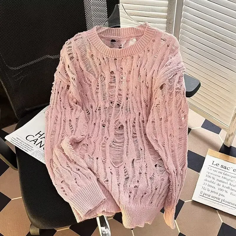 ربيع الخريف الرجال الكورية العصرية عادية تنوعا الجوف ممزق جولة الرقبة محبوك قميص سترة أعلى