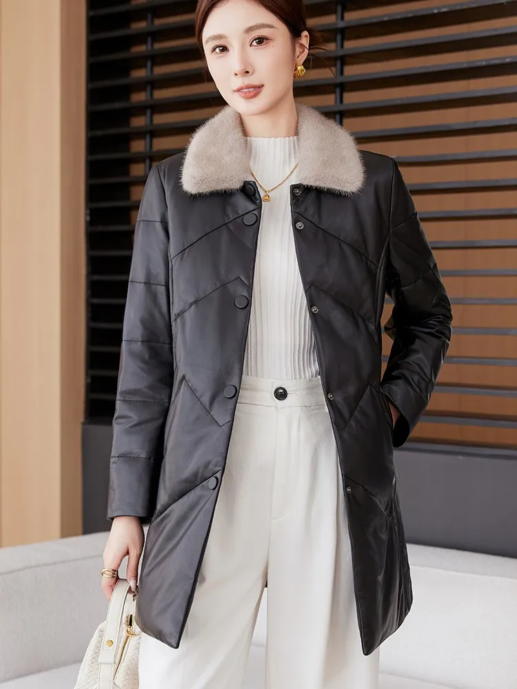 الشتاء النساء واحدة الصدر جلد طبيعي أسفل سترة فرو المنك طوق سليم صالح ملابس خارجية جلد الغنم الحقيقي منتصف طويلة معطف السيدات #2