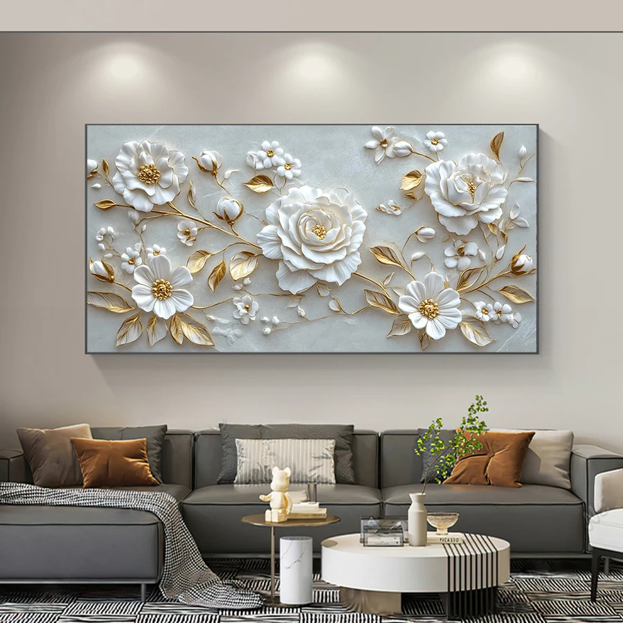 Large Size 2D Pure White Flowers Wall arts Posters and Prints Floral Canvas Painting for Living Room Wall Decor No Frame