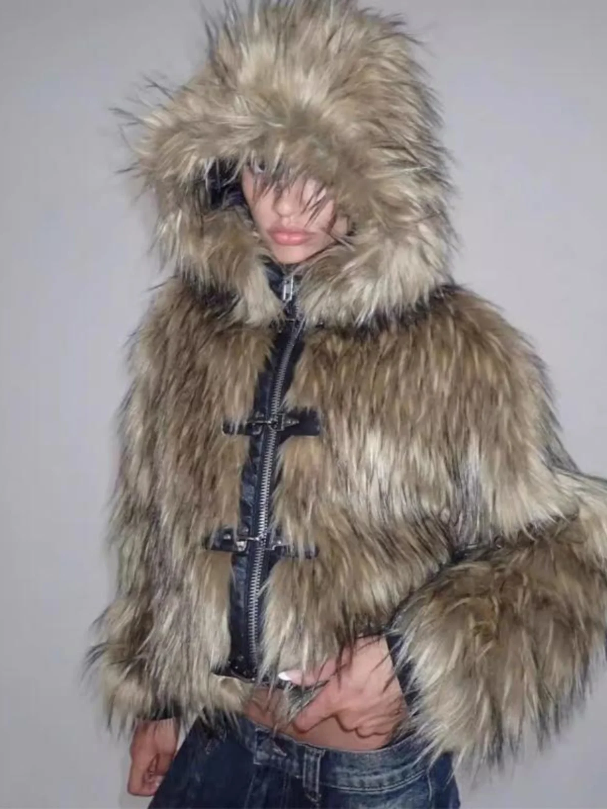 ort American Street Sle Jaet مع جلد أزرق الربط مع معطف طويل من فرو البلو معطف دافئ بقلنسوة من الفرو الصناعي Jaet ملابس خارجية #3