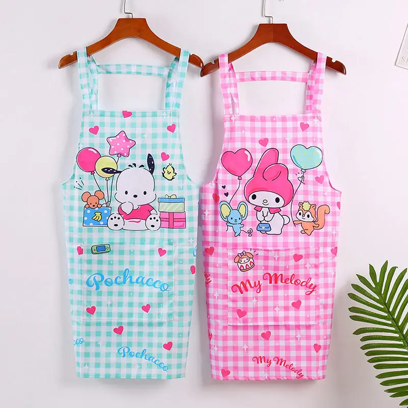 Sanrios Family Hello Kitty My Melody Kuromi Cinnamoroll Checked Apron Pinafore Kawaii Anime Kitchen Cleaning Hygiene 17 Styles