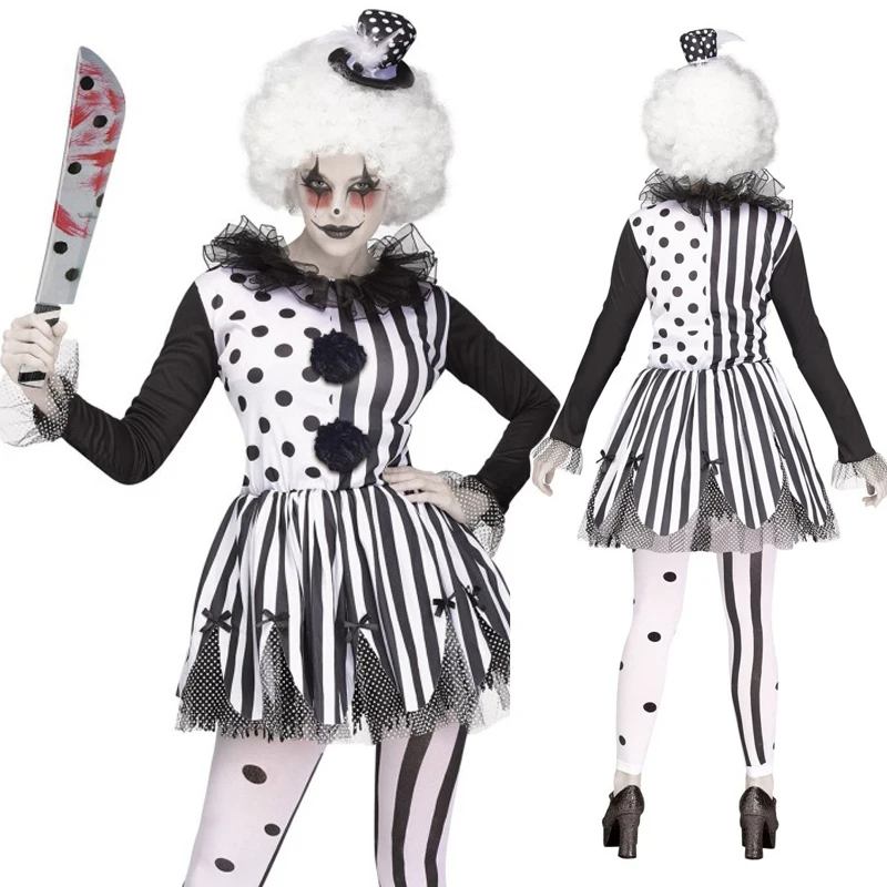 زي المهرج الرعب المخطط باللونين الأبيض والأسود للهالوين، المهرج القاتل للحفلات تعال إلى فستان زي تنكري