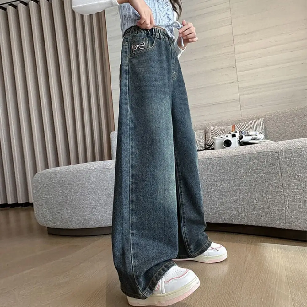 かわいいリボン付きジーンズ ストレート ハイウエスト 子供用 Y2K ジーンズ ワイドレッグ ルーズ リトルガールズ デニムパンツ ストリートウェア