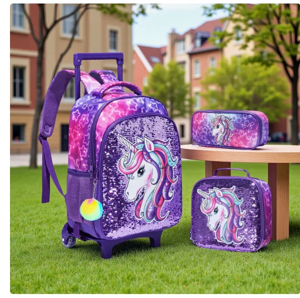 Unicorn Sequin Print Girls' Rolling Backpack Trolley Bags Kids' School Trolley Bag for Elementary Students Wheeled Bags Purple