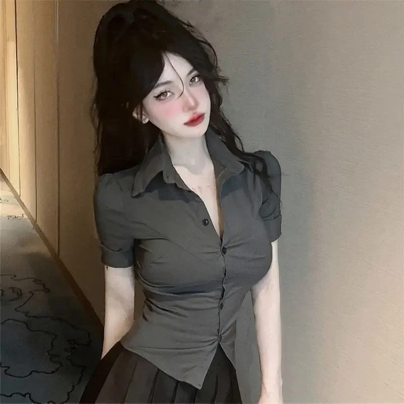 Gray Summer Korean Short Sleeve Shirts Turn Down Collar Solid Skinny Women Chemises Femme Slim Waist Sexy Elegant Camisa