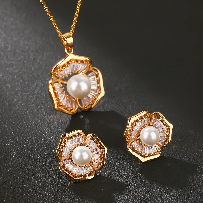 Lanruisha Simple Shaped Zircon Flower Pendant and Earrings Pearl Women's Jewelry Set Classic copper Daily Fashion Jewelry