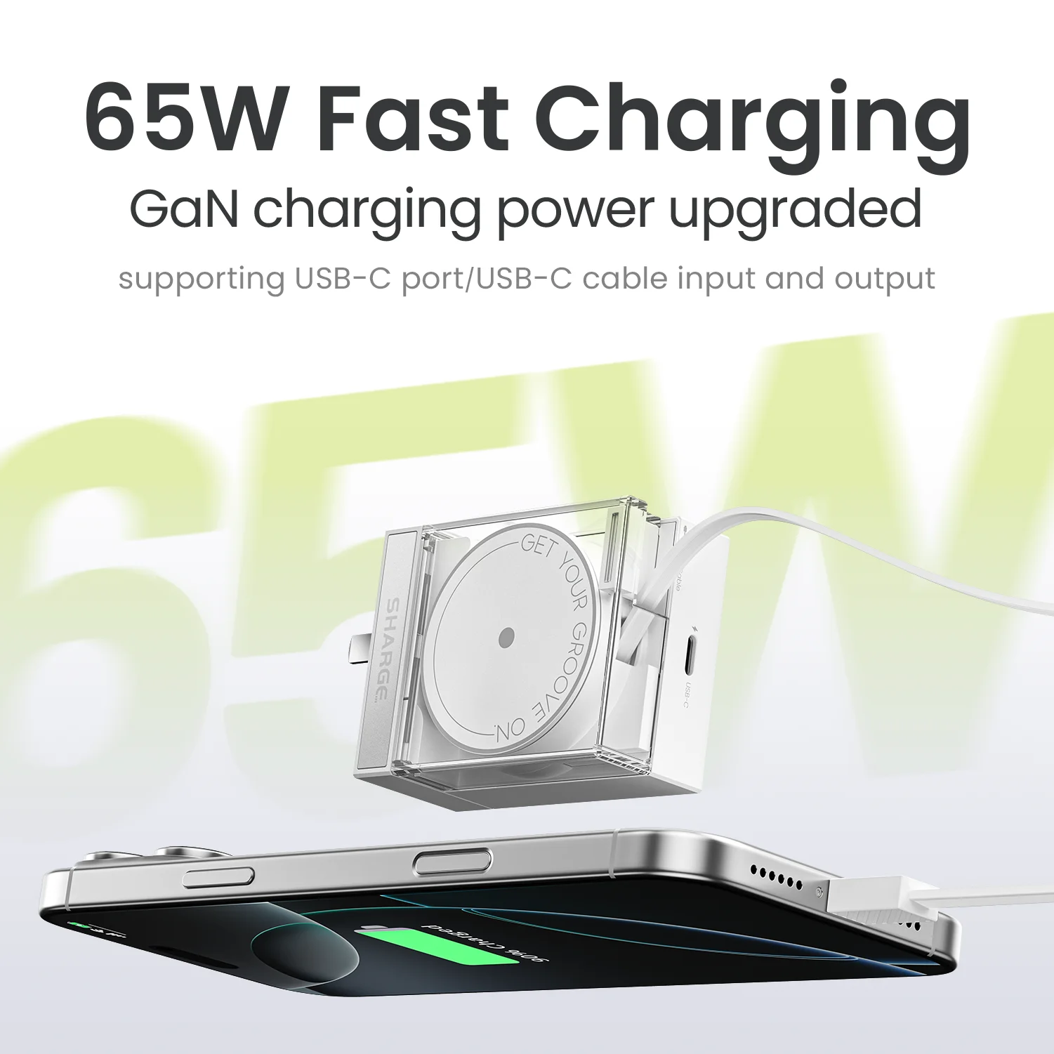 SHARGE 65W GaN Charger PD3.0 Type C QC3.0 2.0 Quick Charge Built-in 70cm Fast Charging USB-C Cable for iPhone16 MacBook iPad Pro