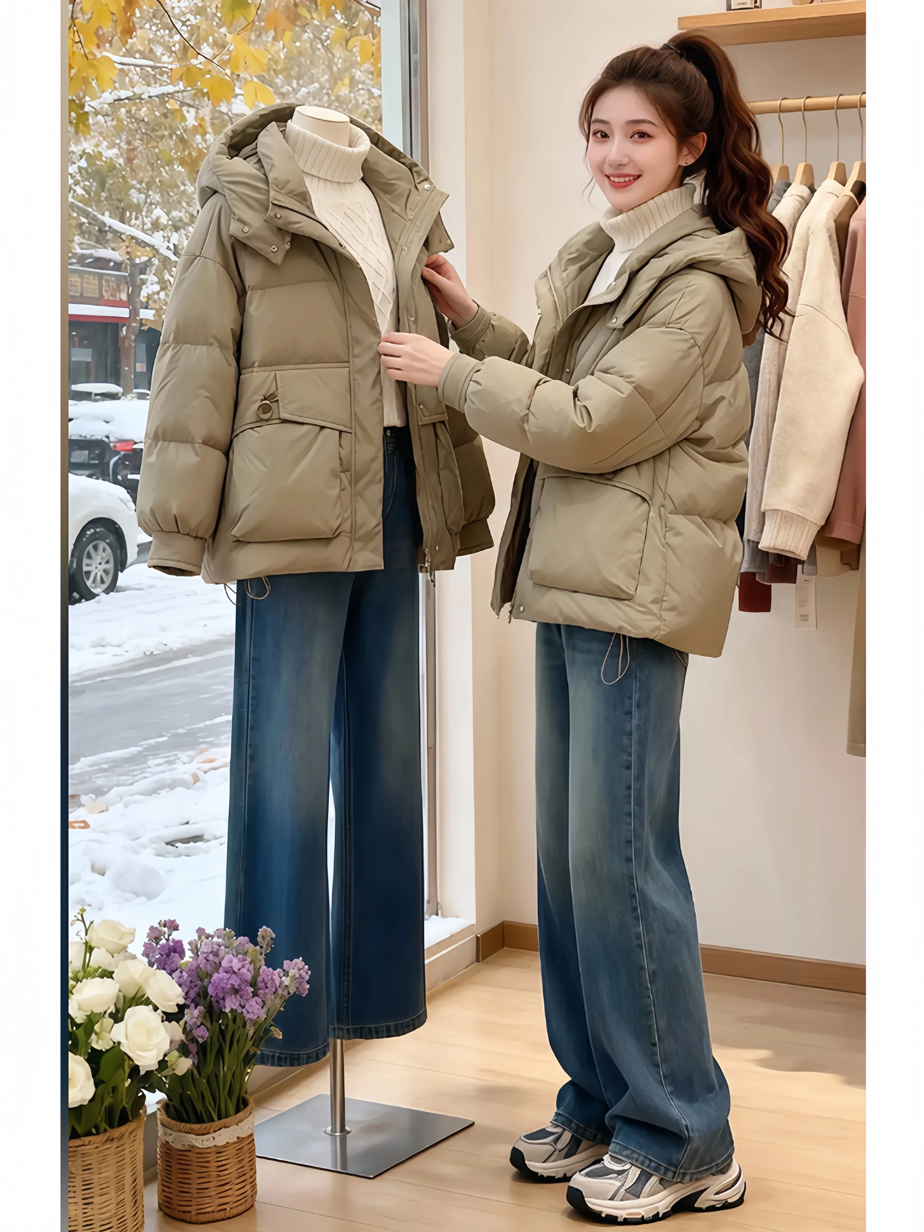 

Stylish Short Puffer Jacket Women's Thickened Cotton Coat Winter New Arrival Hooded Durable Zipper Color Korean Style